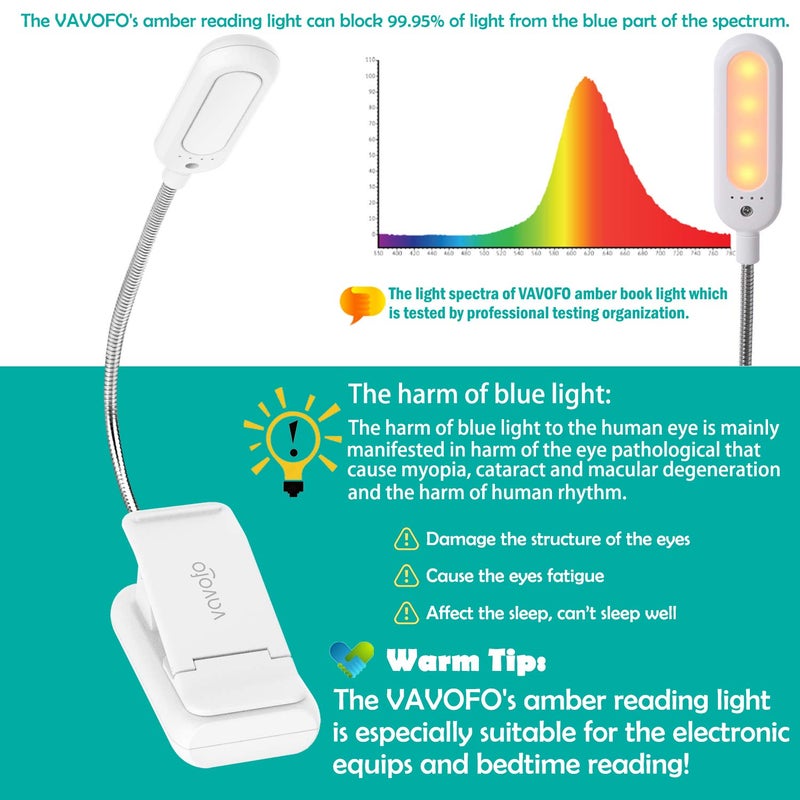 VAVOFO Clip On Rechargeable Reading Light, 7 LEDs with 3 Colortemperature 9 Brightness Levels Book Lights for Reading in Bed with Power Indicator for Bookworms Black (white1-Pack) - Image 2